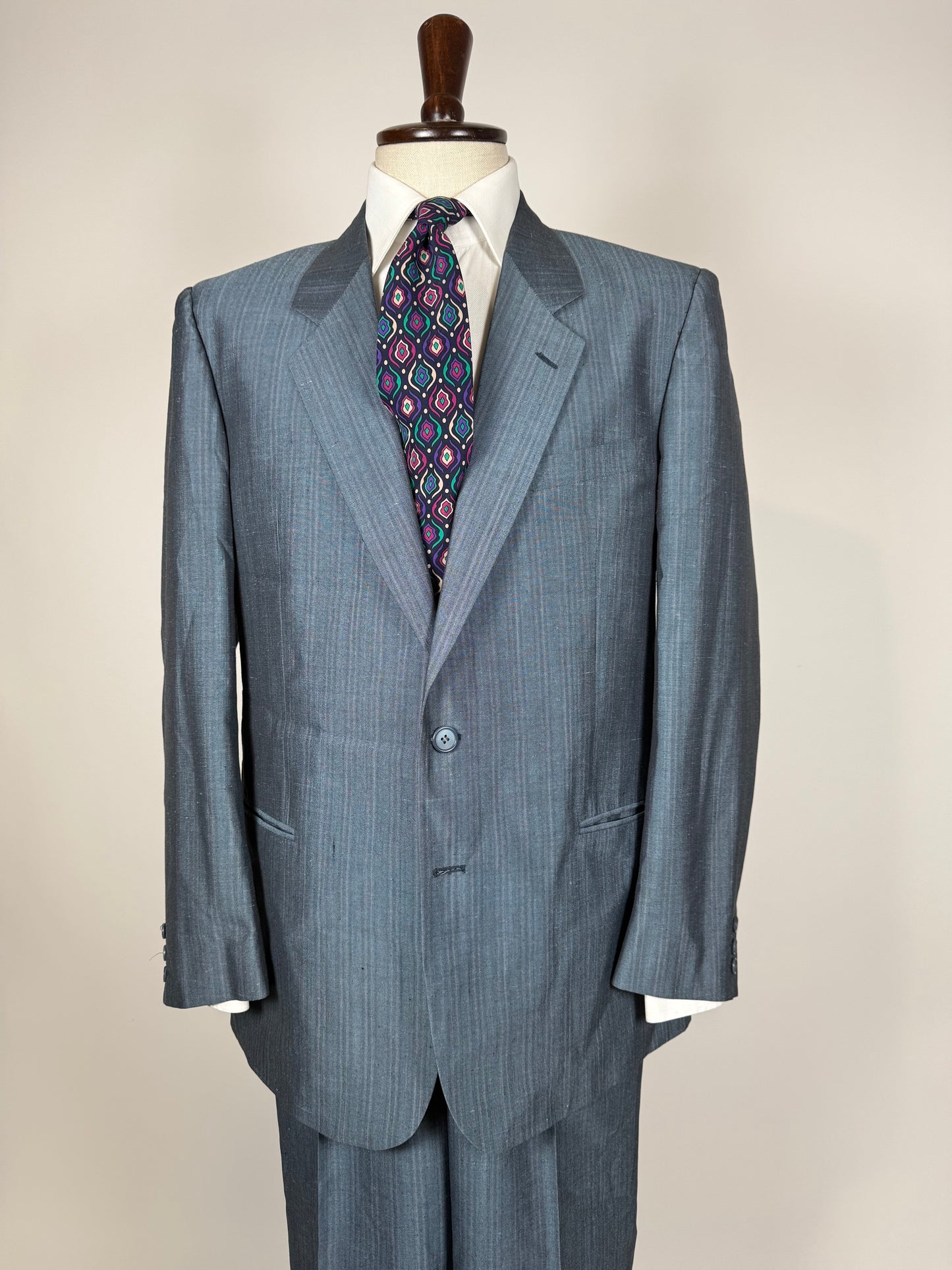 Completo anni '80 in pura seta shantung blu carta da zucchero - tg. 52/54