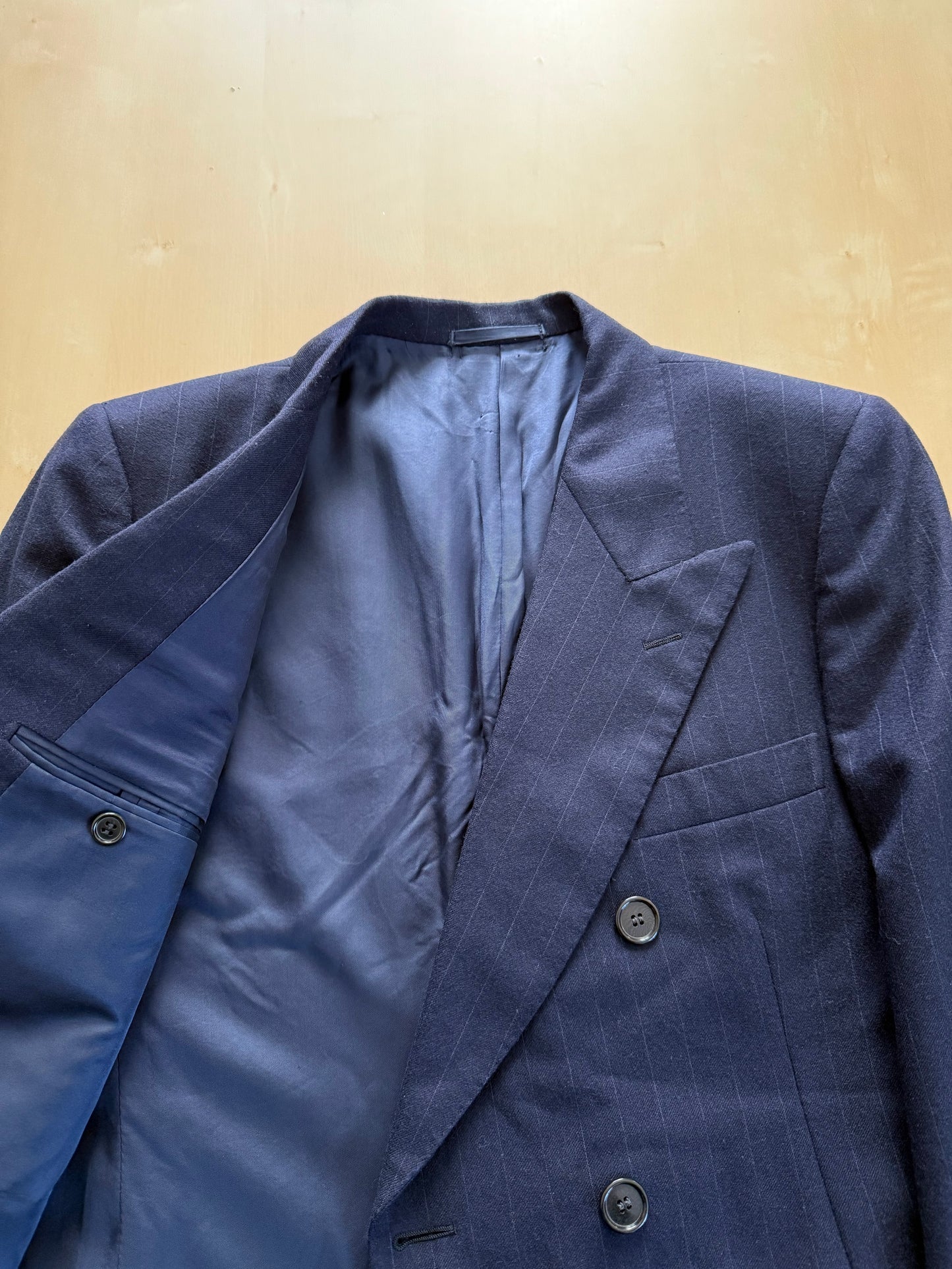 Completo Belvest doppiopetto anni ‘70 flanella blu gessato - tg. 50/52