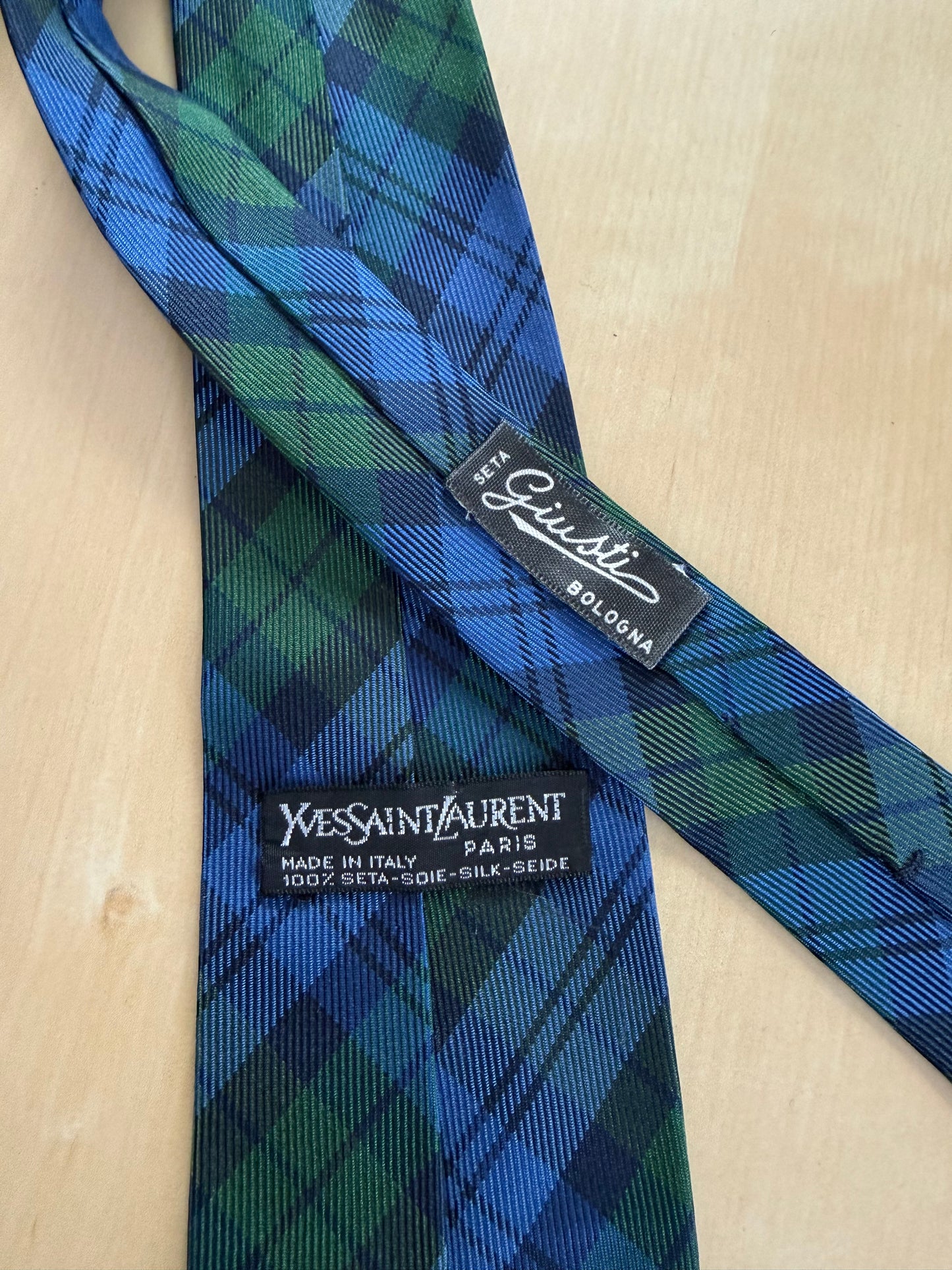 Cravatta Yves Saint Laurent vintage tartan blu e verde