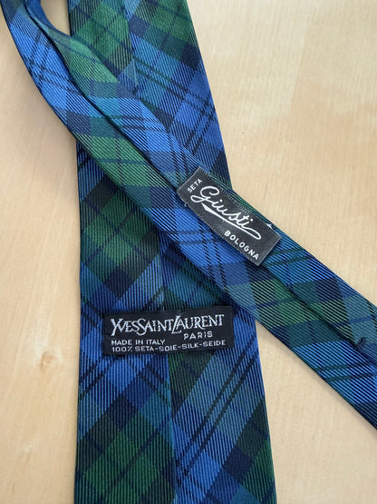 Cravatta Yves Saint Laurent vintage tartan blu e verde