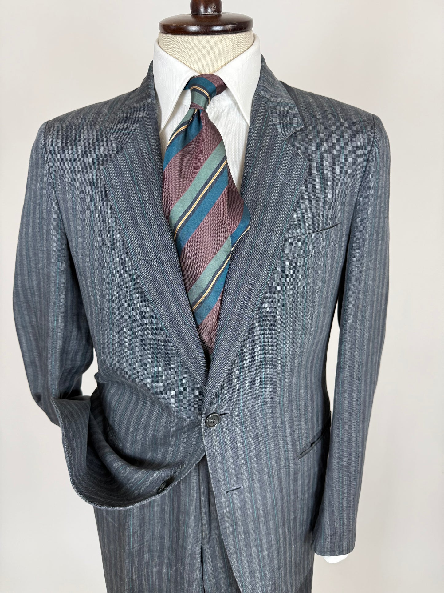 Completo anni '70/'80 puro lino grigio gessato verde - tg. 48