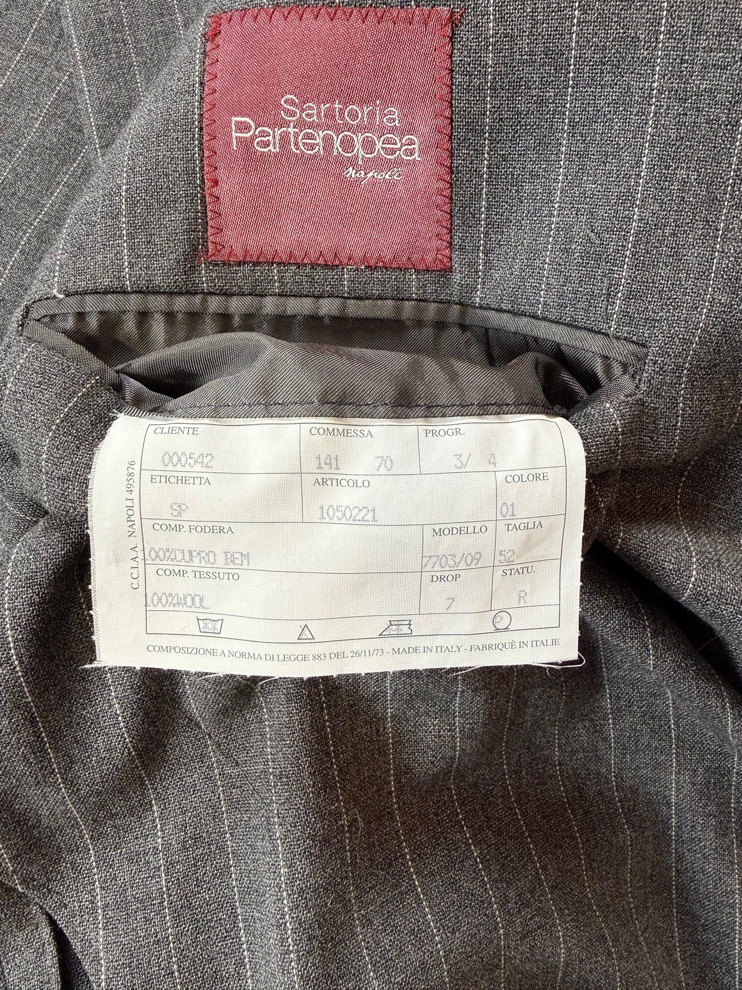 Completo estivo Sartoria Partenopea fresco lana grigio gessato - tg. 50/52