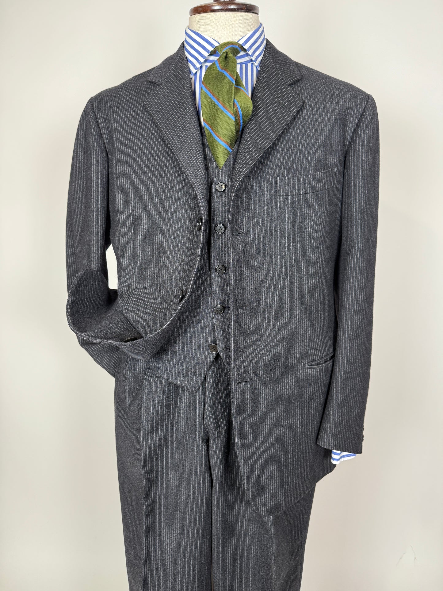 Completo 3 pezzi anni ‘60 sartoriale flanella antracite gessato - tg. 50