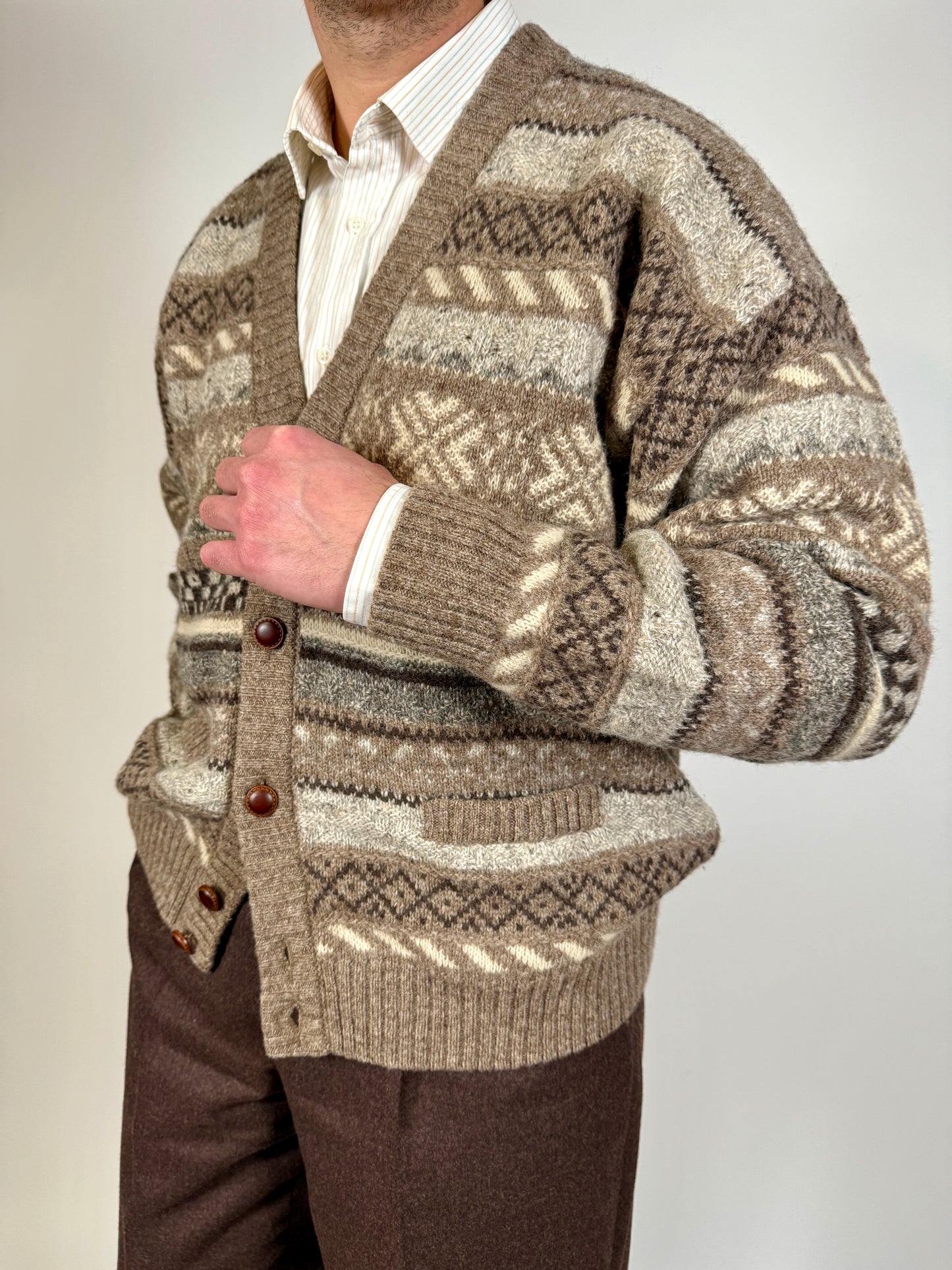 Cardigan anni ‘80 in lana Shetland fantasia geometrica - L