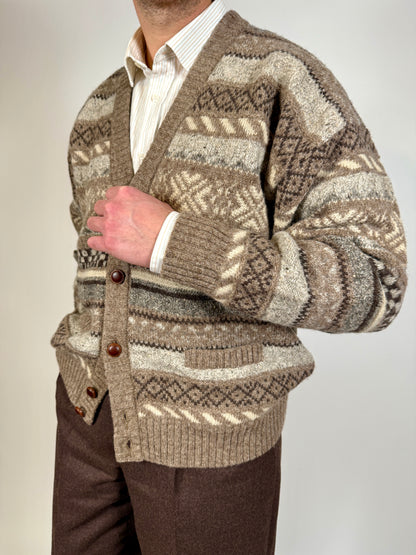 Cardigan anni ‘80 in lana Shetland fantasia geometrica - L