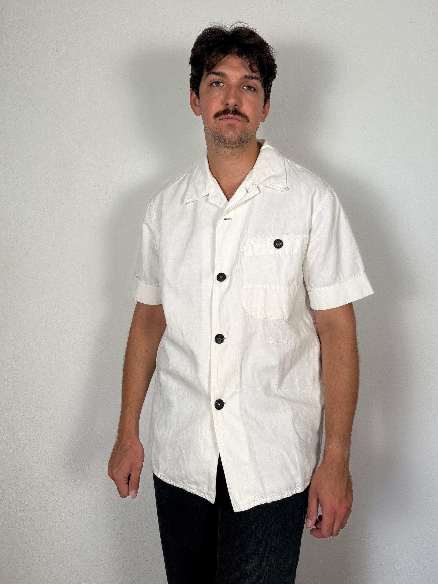 Camicia Stone Island bianca manica corta in cotone e lino (SS 2002) - L