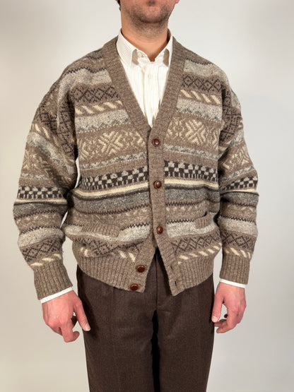 Cardigan anni ‘80 in lana Shetland fantasia geometrica - L