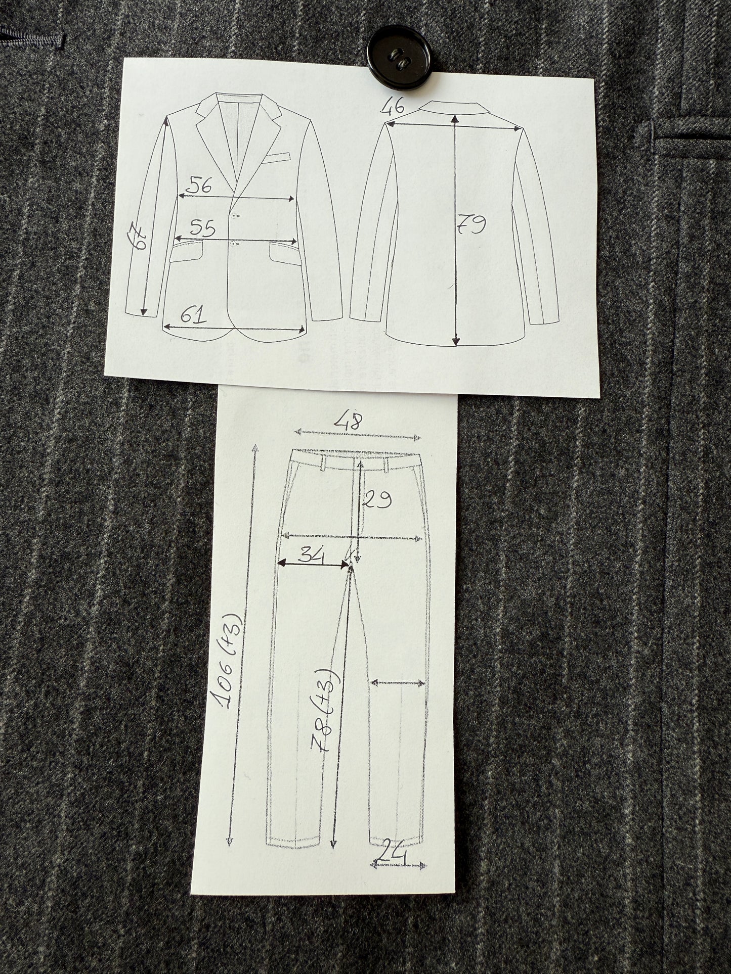 Completo doppiopetto sartoriale anni ‘70 in flanella grigio gessato - tg. 50/52 drop basso