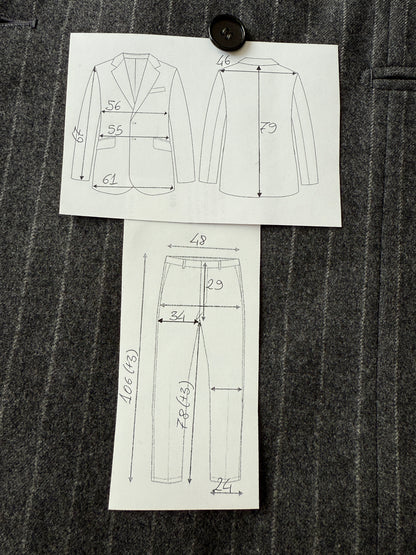 Completo doppiopetto sartoriale anni ‘70 in flanella grigio gessato - tg. 50/52 drop basso