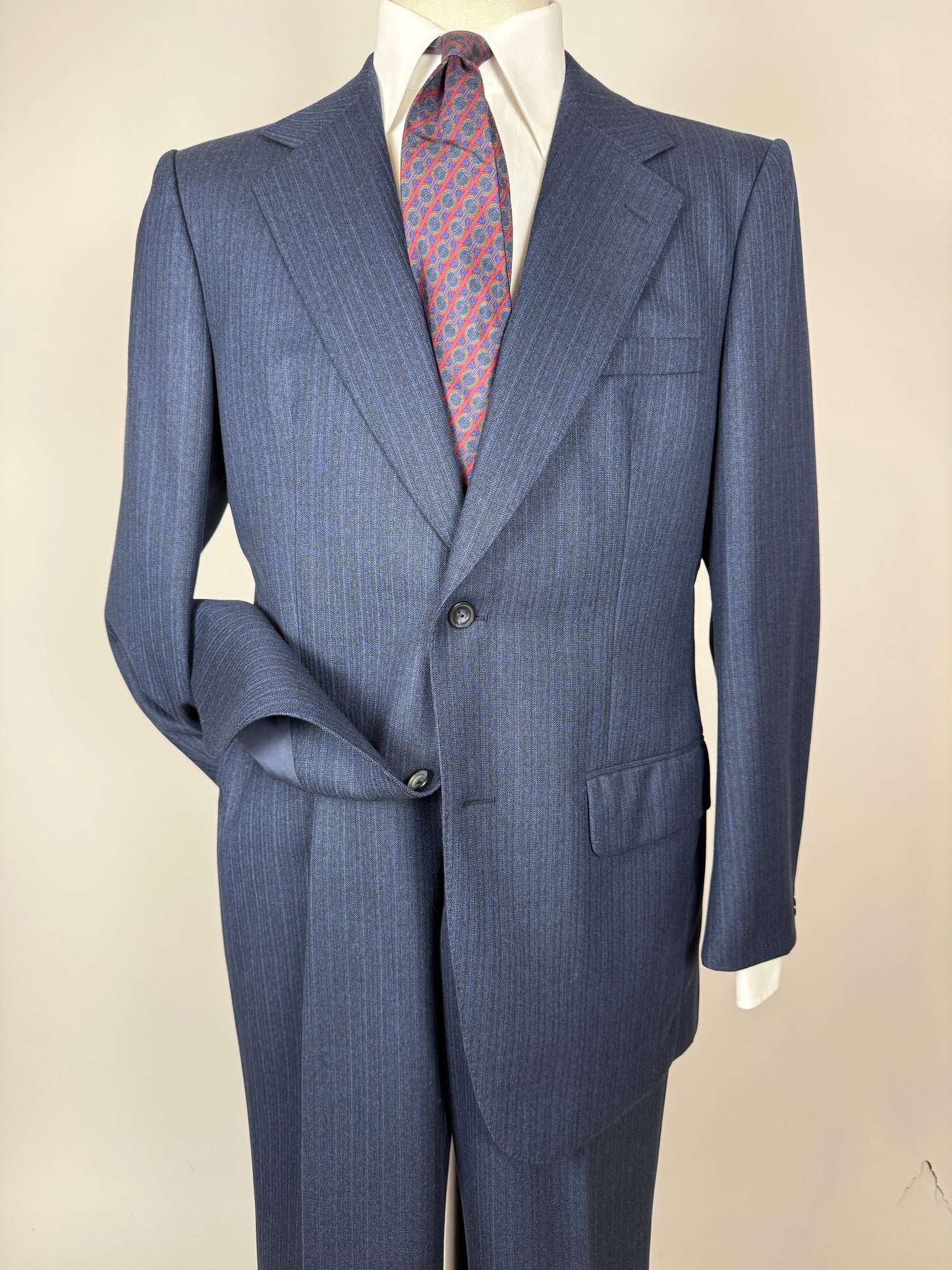 Completo anni ‘70 lana pettinata blu gessato - tg. 50