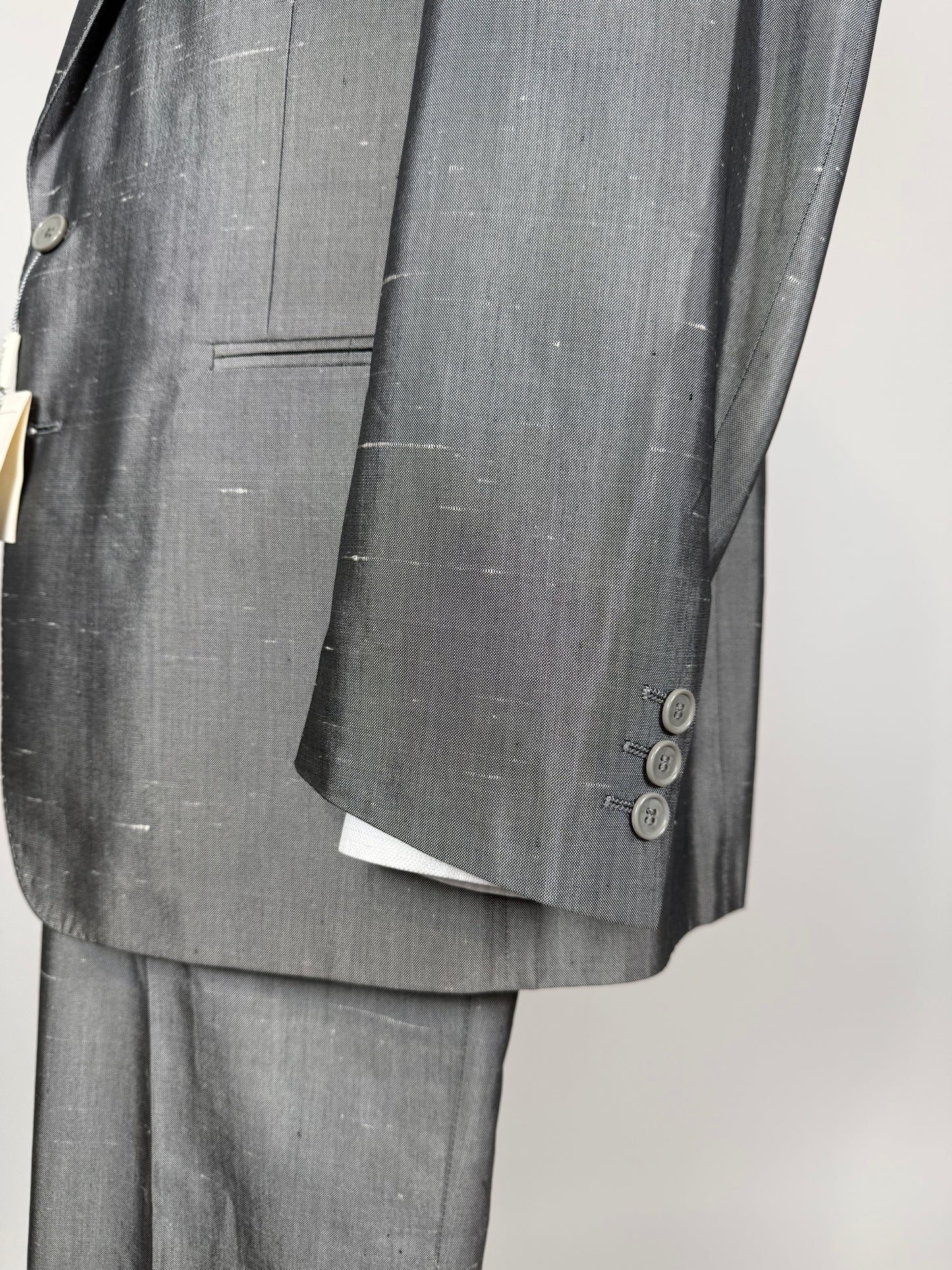 Completo in pura seta shantung grigio argento anni '80 (NOS) - tg. 52/54