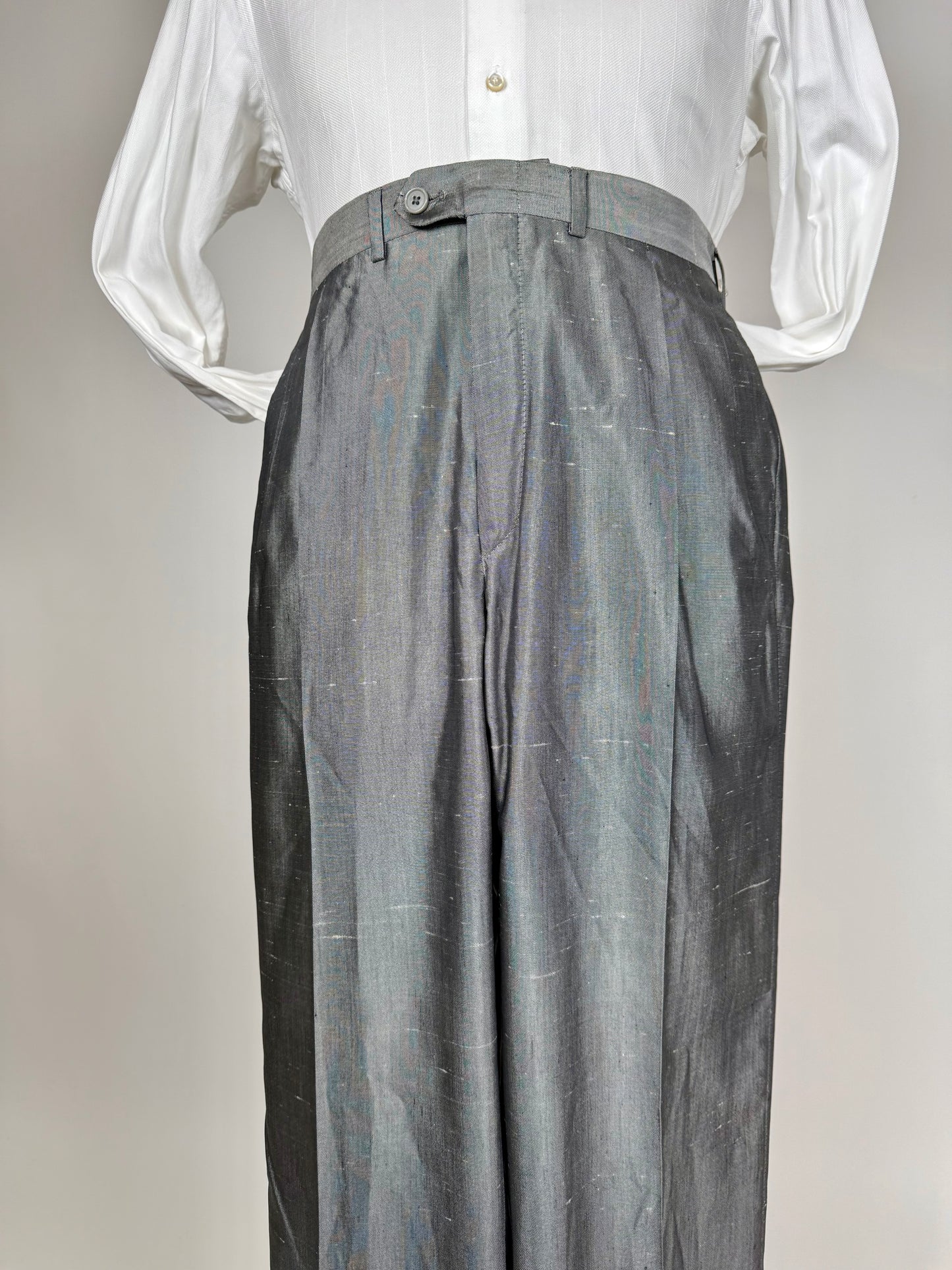 Completo in pura seta shantung grigio argento anni '80 (NOS) - tg. 52/54