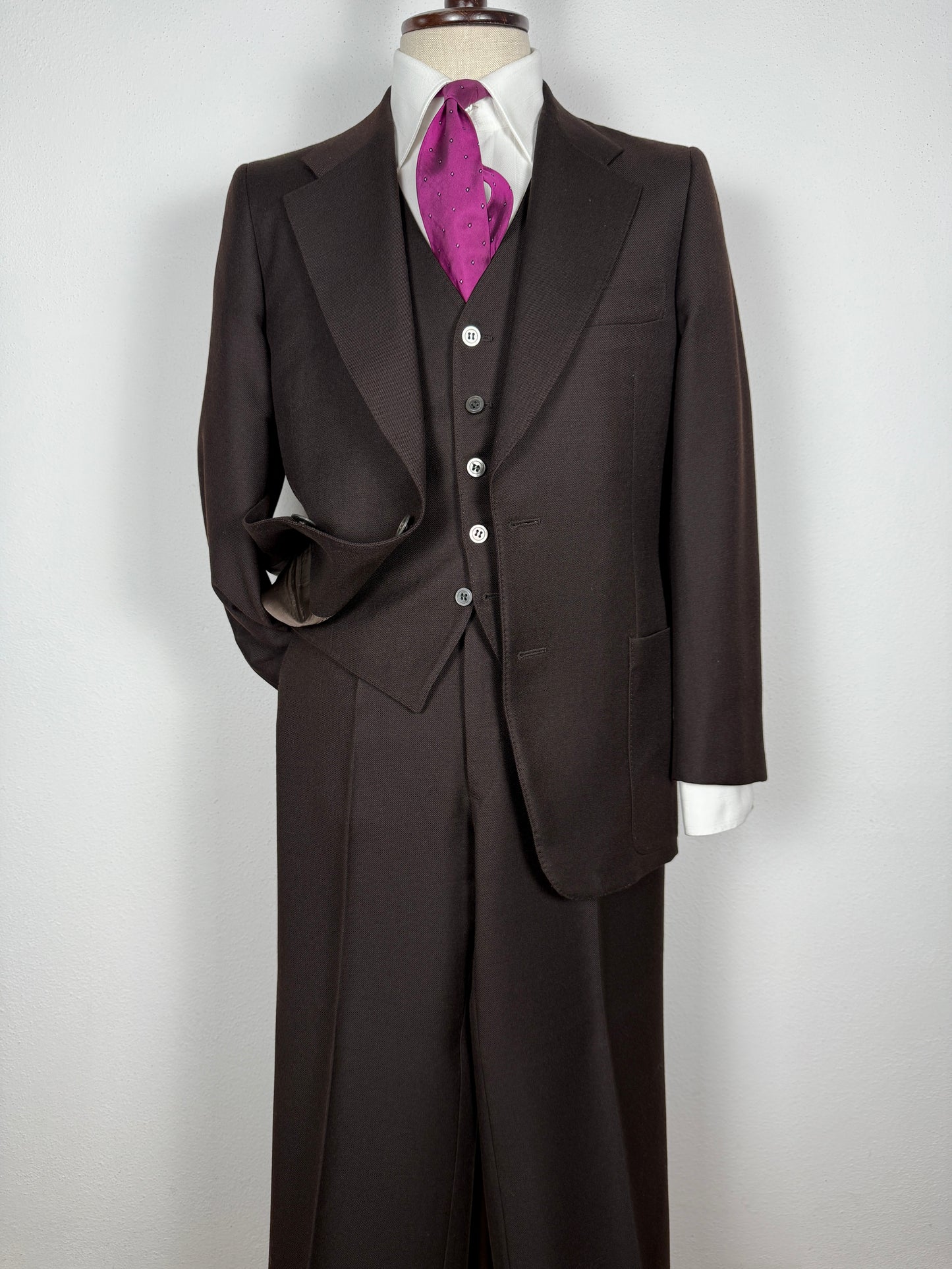 Completo 3 pezzi anni ‘70 a zampa in flanella marrone - tg. 44/46