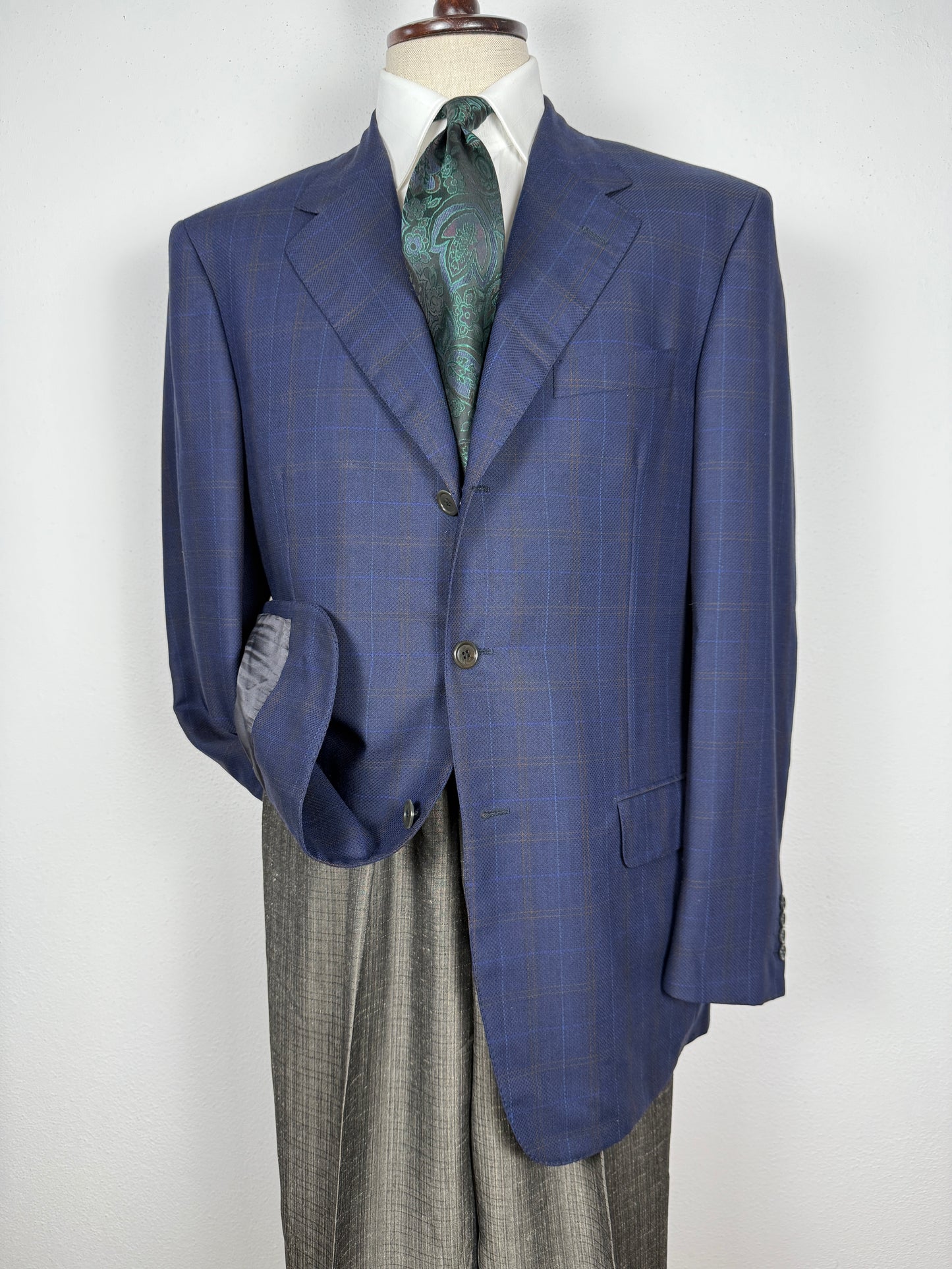 Giacca Pierre Cardin anni '90 in lana super twist blu a quadri - tg. 52/54