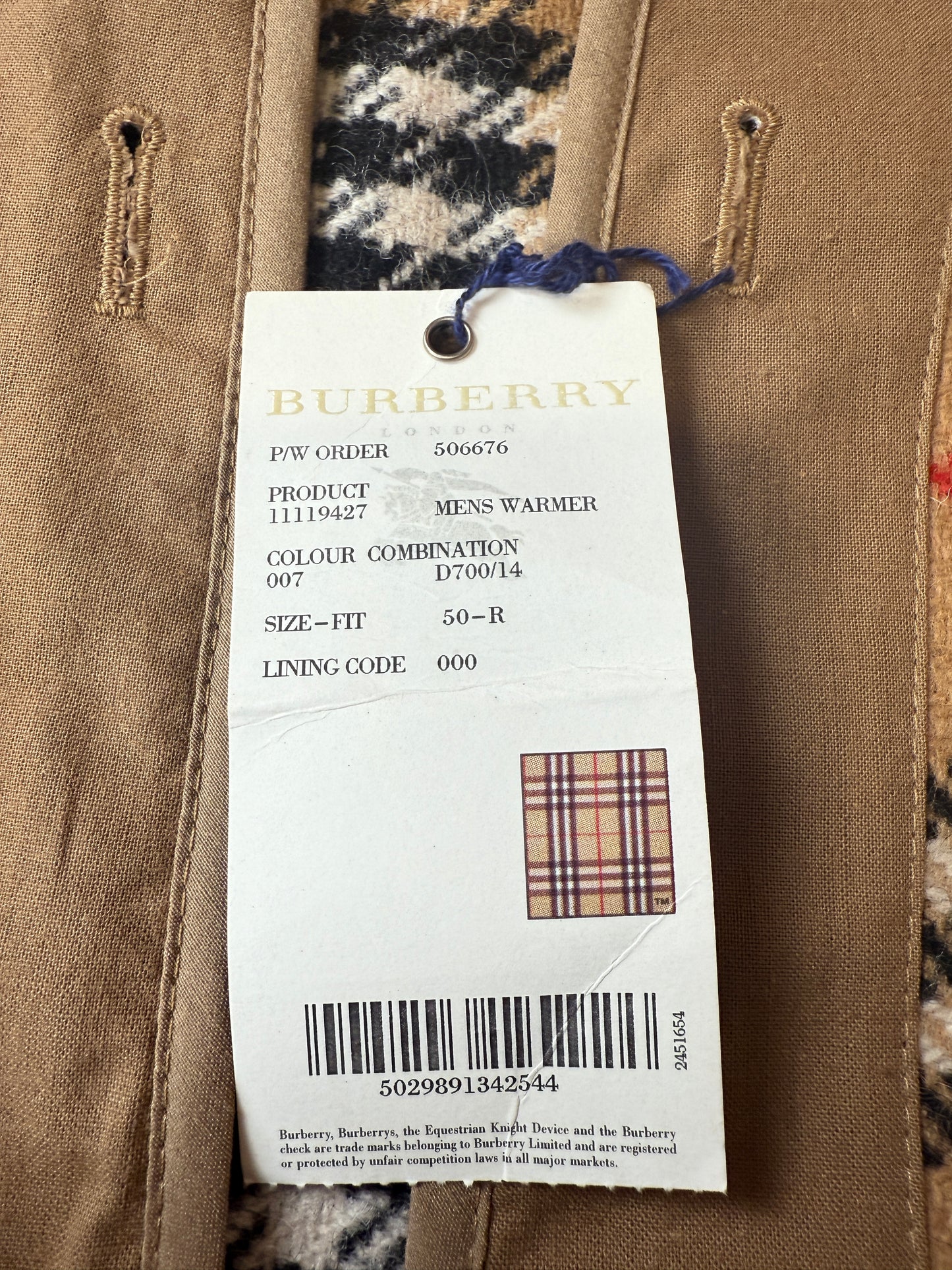 Burberry, warmer interno in pura lana per trench e impermeabili (nuovo) - tg. 50