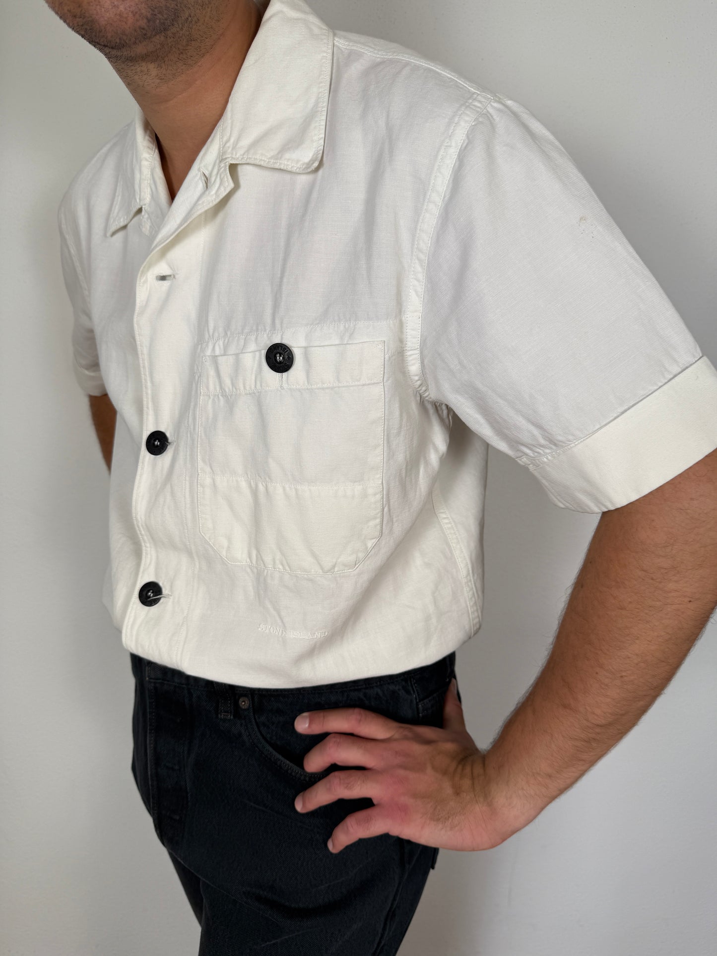 Camicia Stone Island bianca manica corta in cotone e lino (SS 2002) - L