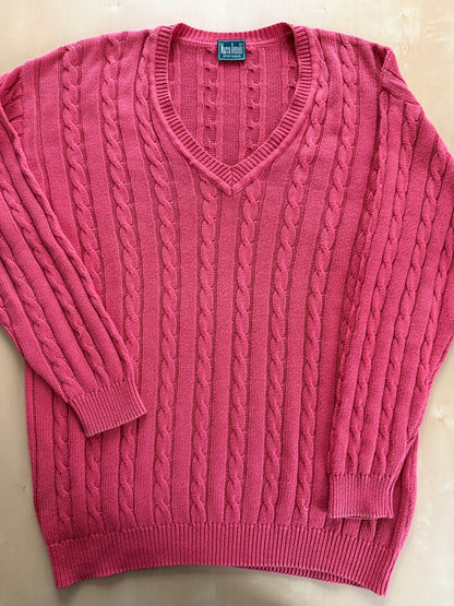Pullover rosa corallo anni ‘80 100% cotone a trecce - tg. L/XL