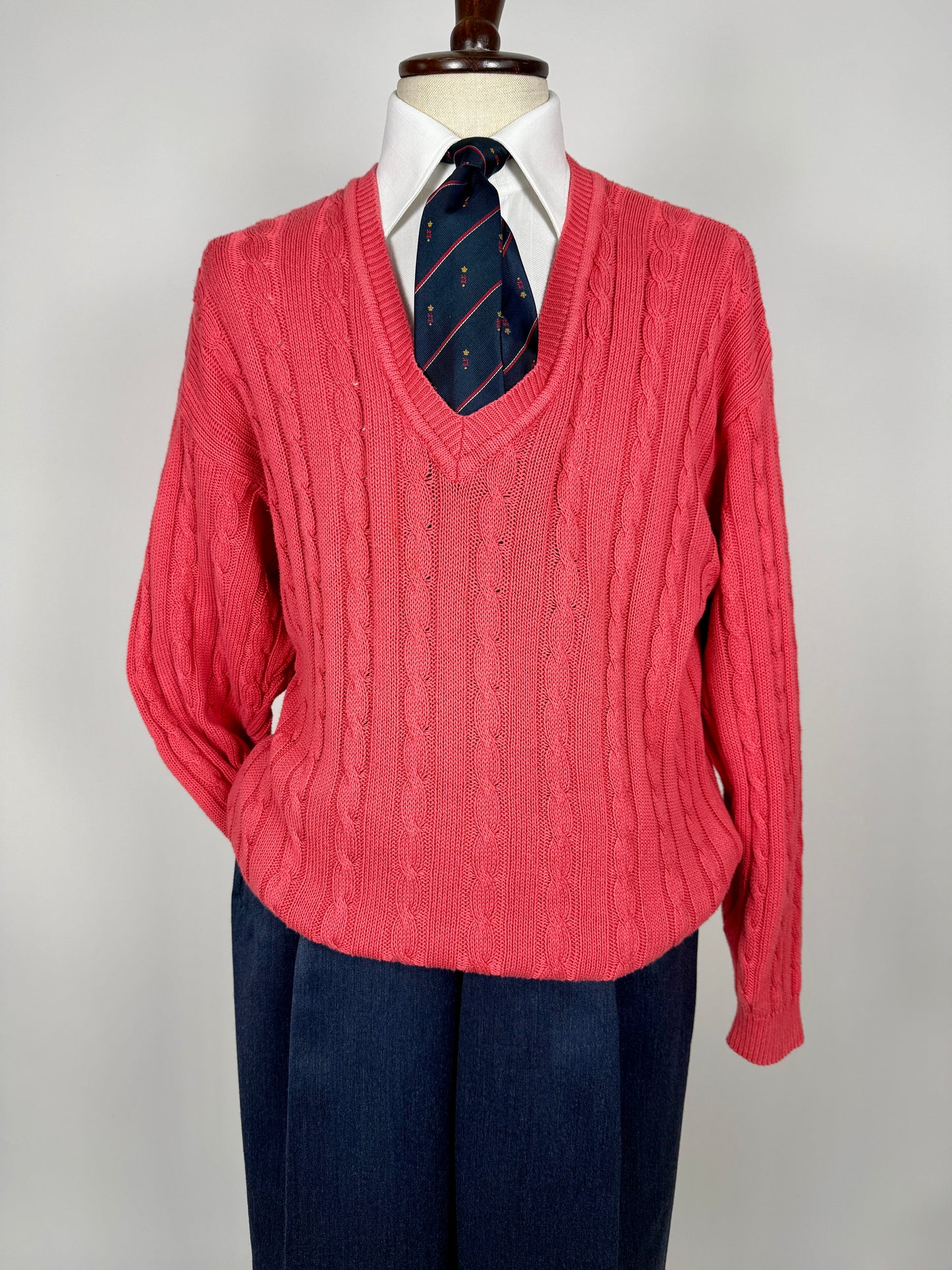 Pullover rosa corallo anni ‘80 100% cotone a trecce - tg. L/XL