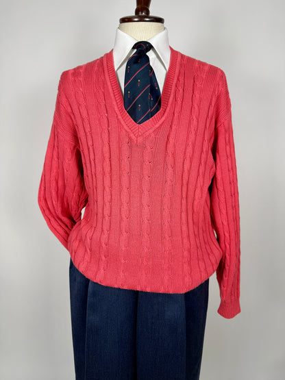 Pullover rosa corallo anni ‘80 100% cotone a trecce - tg. L/XL