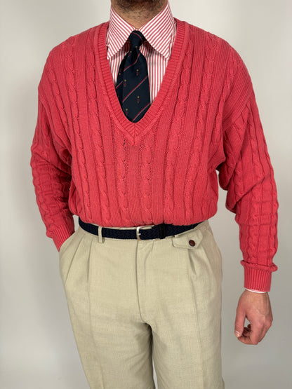 Pullover rosa corallo anni ‘80 100% cotone a trecce - tg. L/XL