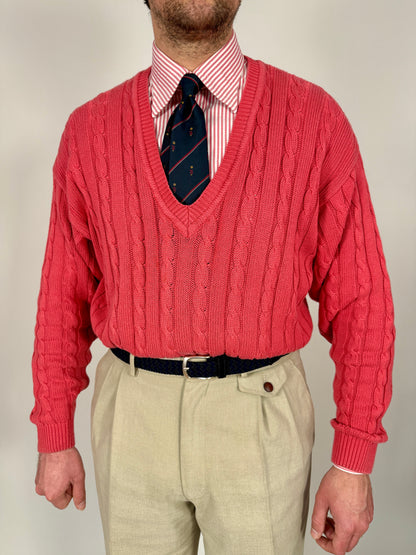 Pullover rosa corallo anni ‘80 100% cotone a trecce - tg. L/XL