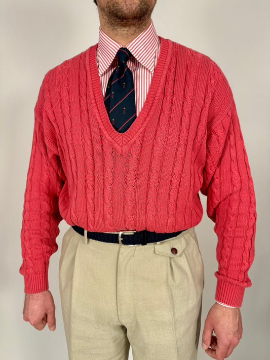 Pullover rosa corallo anni ‘80 100% cotone a trecce - tg. L/XL