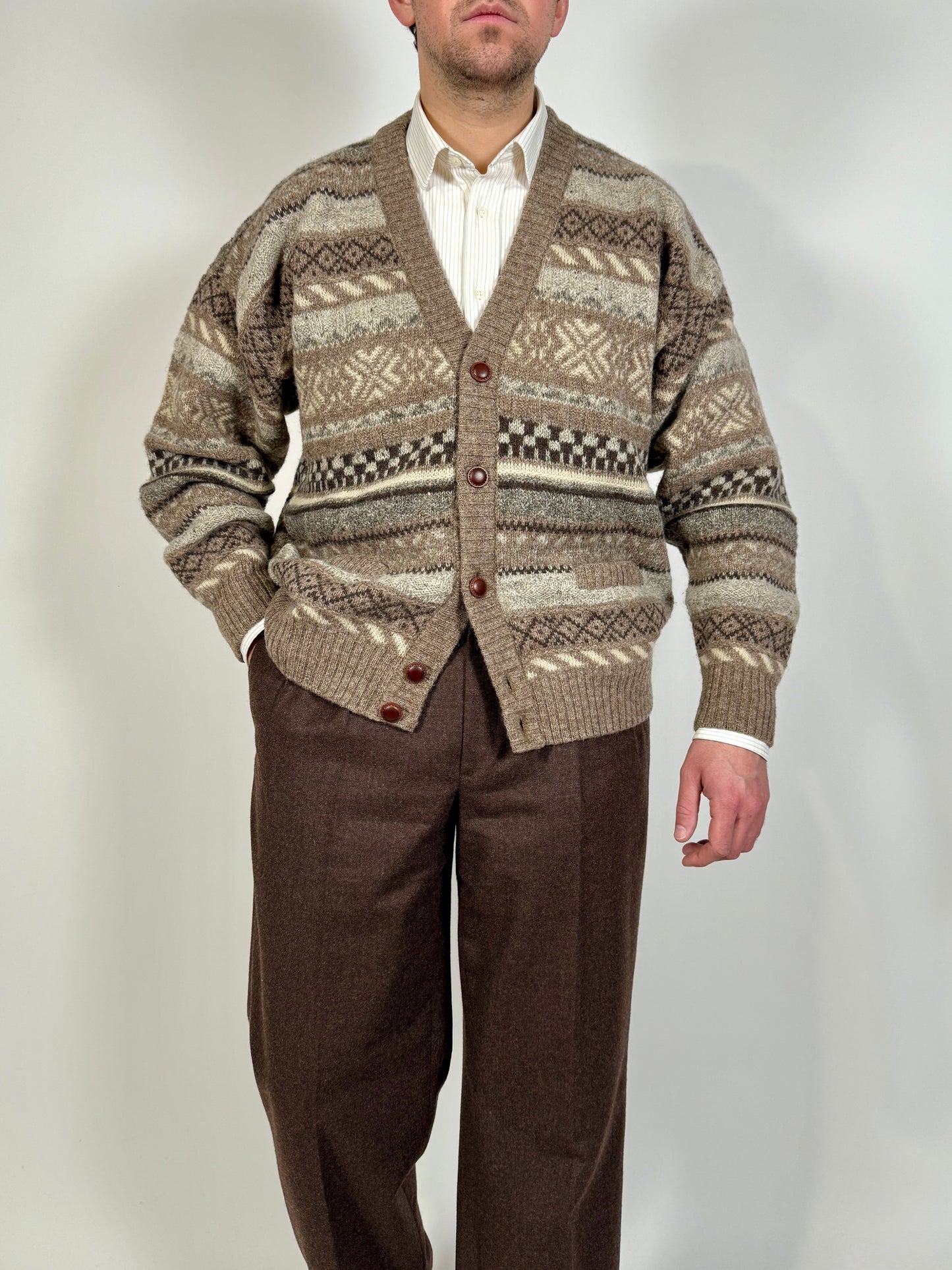 Cardigan anni ‘80 in lana Shetland fantasia geometrica - L