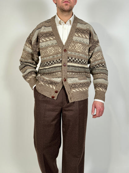 Cardigan anni ‘80 in lana Shetland fantasia geometrica - L