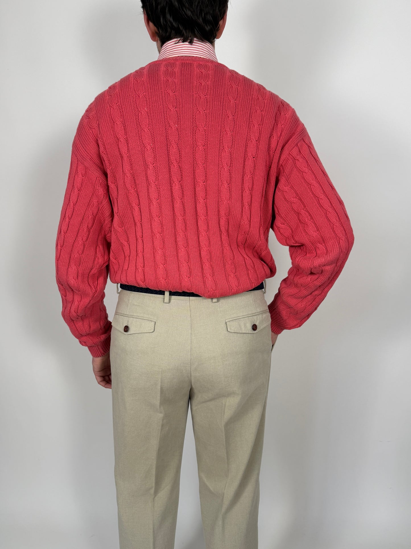 Pullover rosa corallo anni ‘80 100% cotone a trecce - tg. L/XL