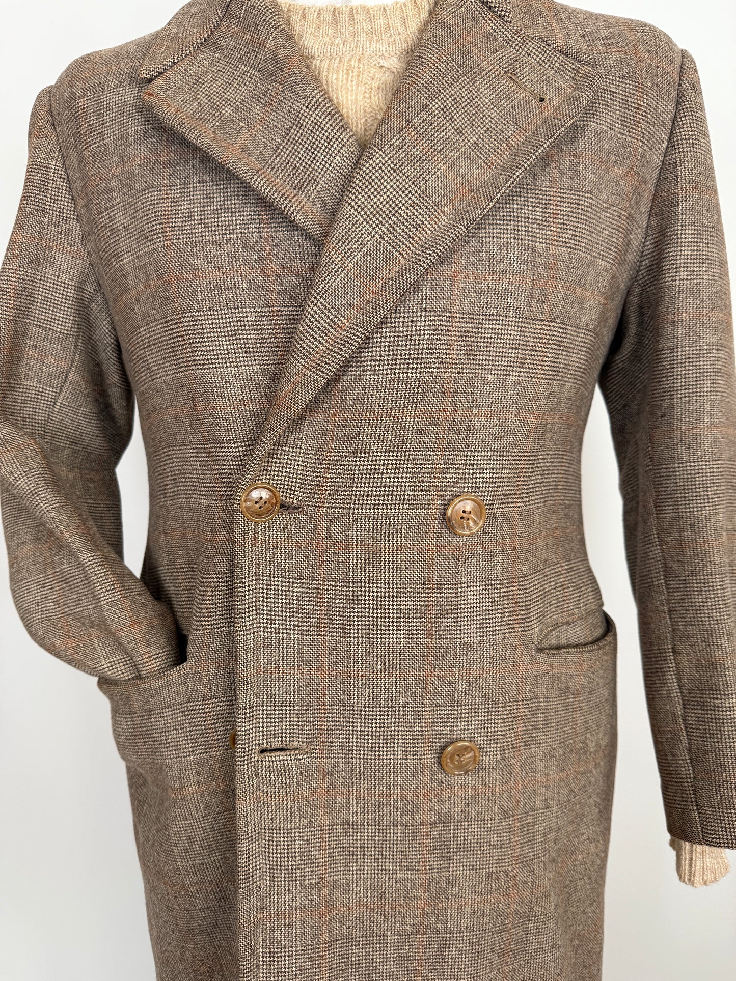 Cappotto doppiopetto sartoriale anni ‘50/‘60 glen check tabacco - tg. 44-46