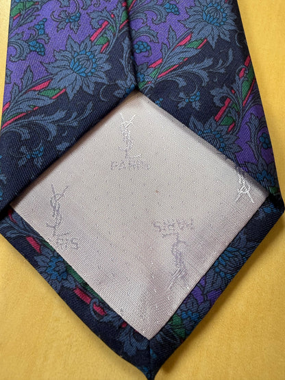 Cravatta Yves Saint Laurent floreale e regimental blu e viola
