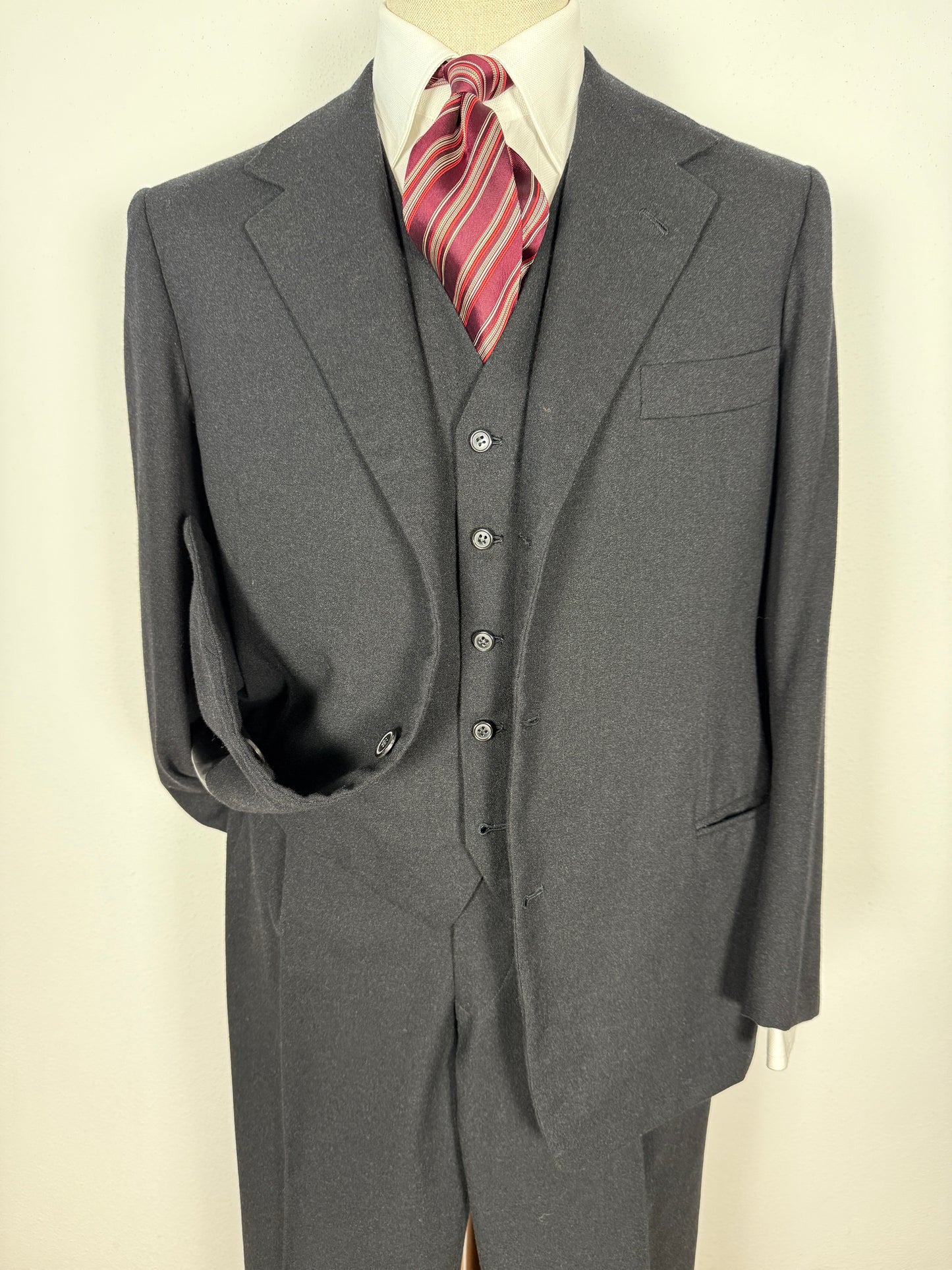 Completo 3 pezzi sartoriale anni ‘60/‘70 in flanella antracite - tg. 50