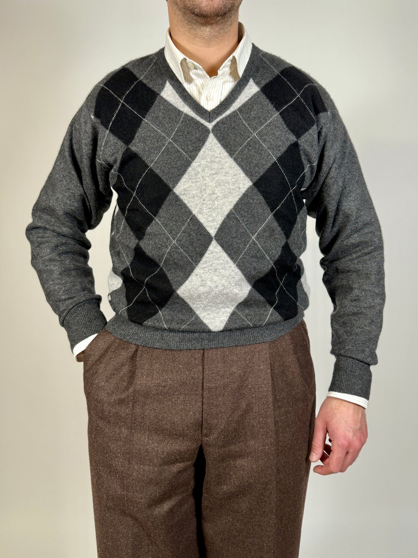 Pullover 100% cashmere grigio rombi - M