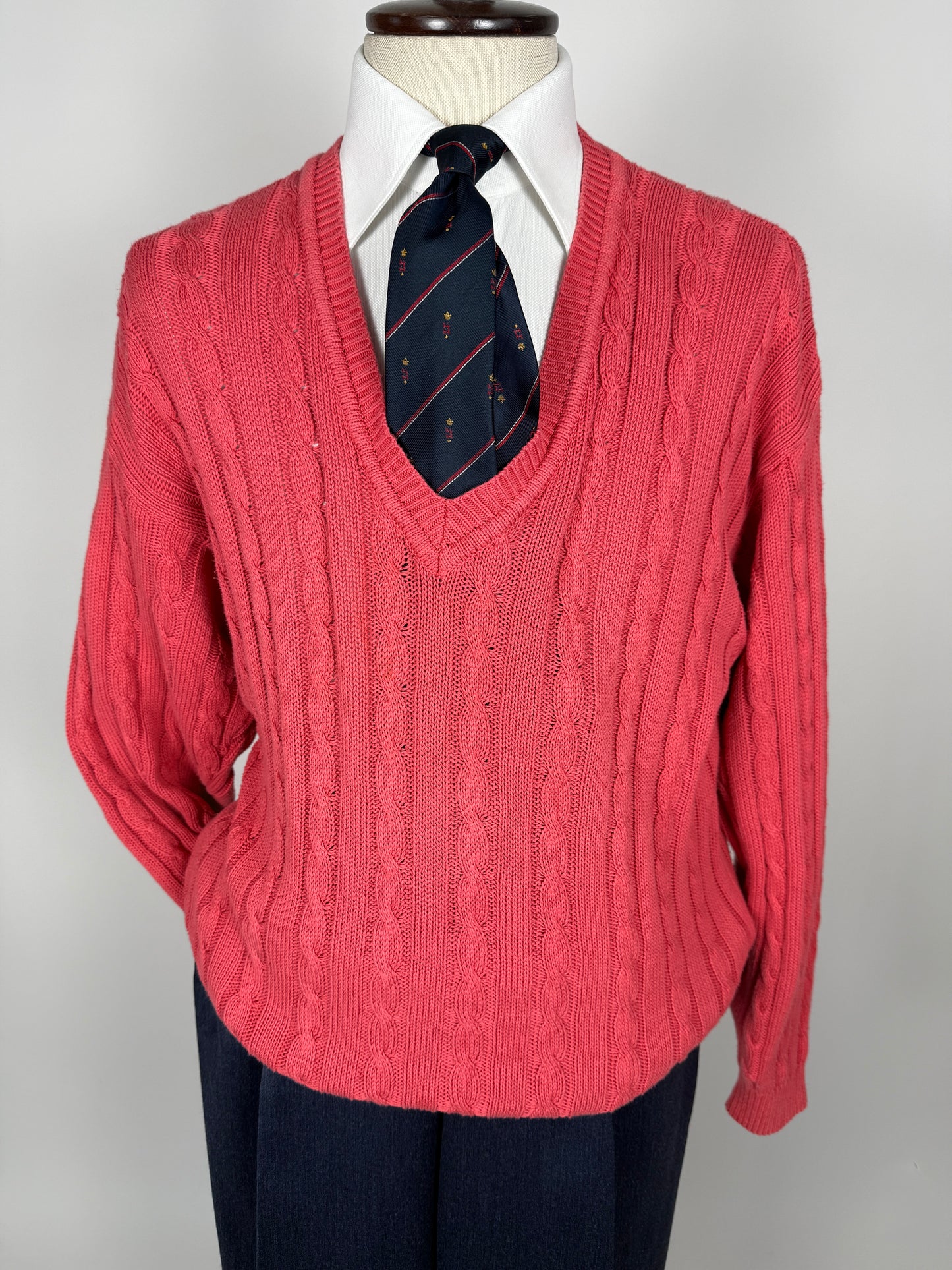 Pullover rosa corallo anni ‘80 100% cotone a trecce - tg. L/XL