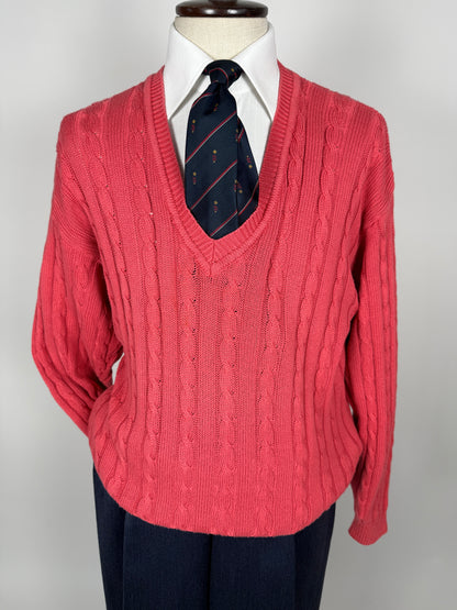 Pullover rosa corallo anni ‘80 100% cotone a trecce - tg. L/XL