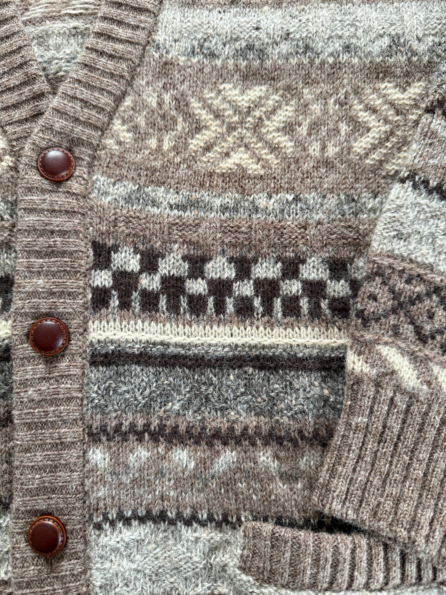 Cardigan anni ‘80 in lana Shetland fantasia geometrica - L