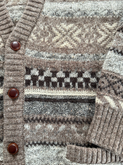 Cardigan anni ‘80 in lana Shetland fantasia geometrica - L