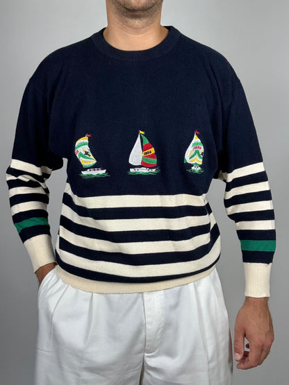Pullover Burberrys in cotone anni '80 con barche a vela - M/L
