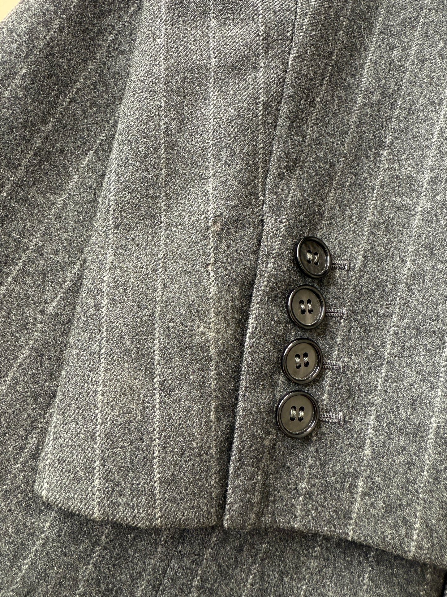 Completo doppiopetto sartoriale anni ‘70 in flanella grigio gessato - tg. 50/52 drop basso
