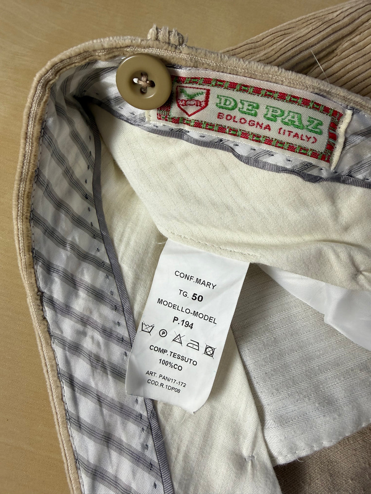 Pantaloni De Paz velluto a coste beige chiaro - tg. 50
