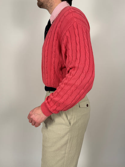 Pullover rosa corallo anni ‘80 100% cotone a trecce - tg. L/XL