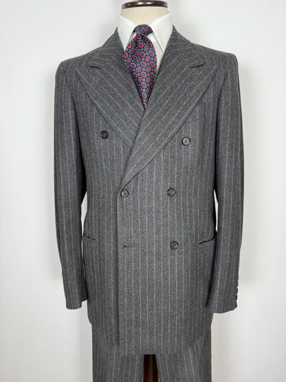 Completo doppiopetto sartoriale anni ‘70 in flanella grigio gessato - tg. 50/52 drop basso