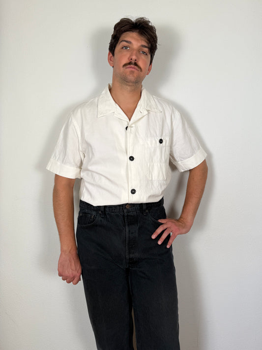 Camicia Stone Island bianca manica corta in cotone e lino (SS 2002) - L