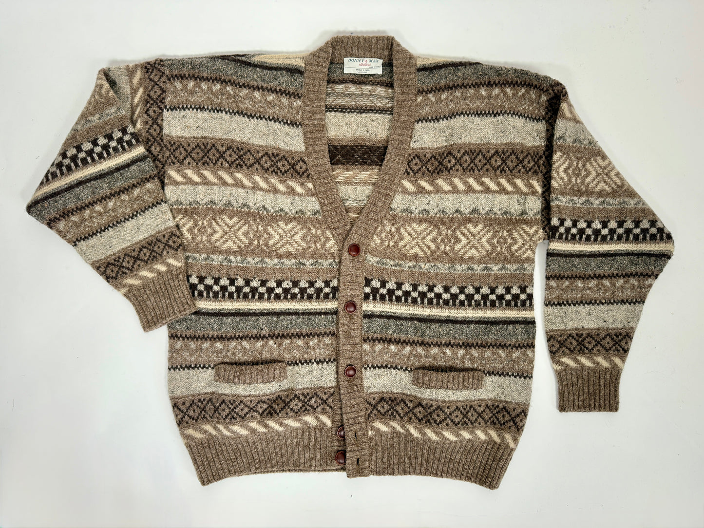 Cardigan anni ‘80 in lana Shetland fantasia geometrica - L