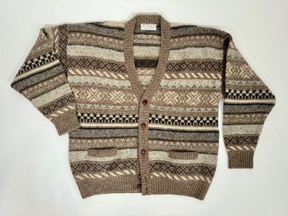 Cardigan anni ‘80 in lana Shetland fantasia geometrica - L
