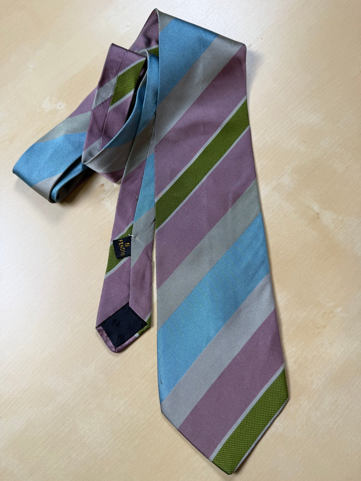 Cravatta Fendi regimental vintage azzurro verde grigio