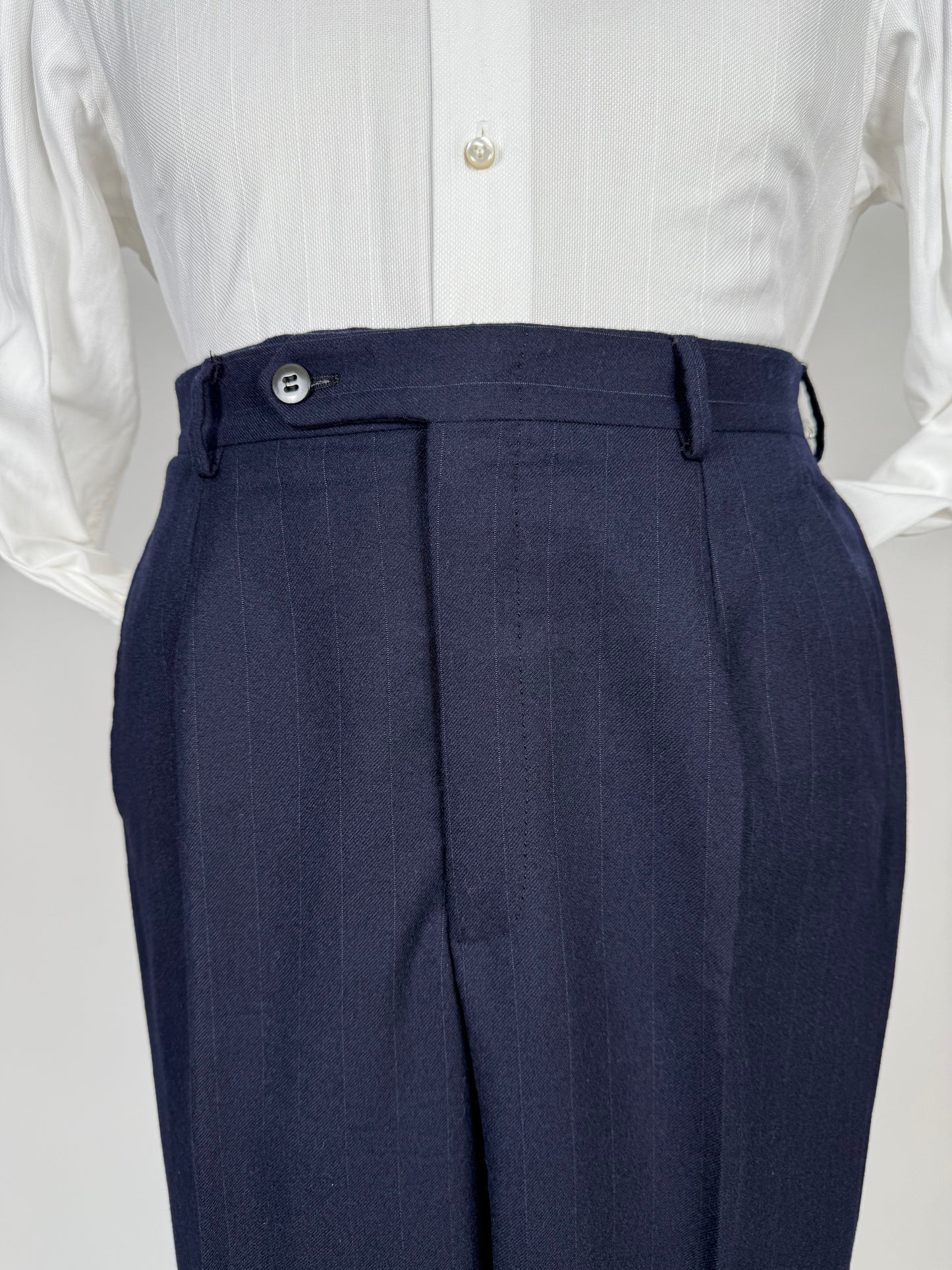 Completo Belvest doppiopetto anni ‘70 flanella blu gessato - tg. 50/52