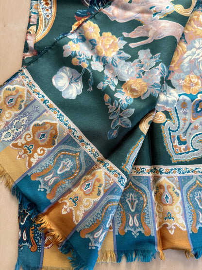 Sciarpa in seta Prochownick fantasia floreale e caccia