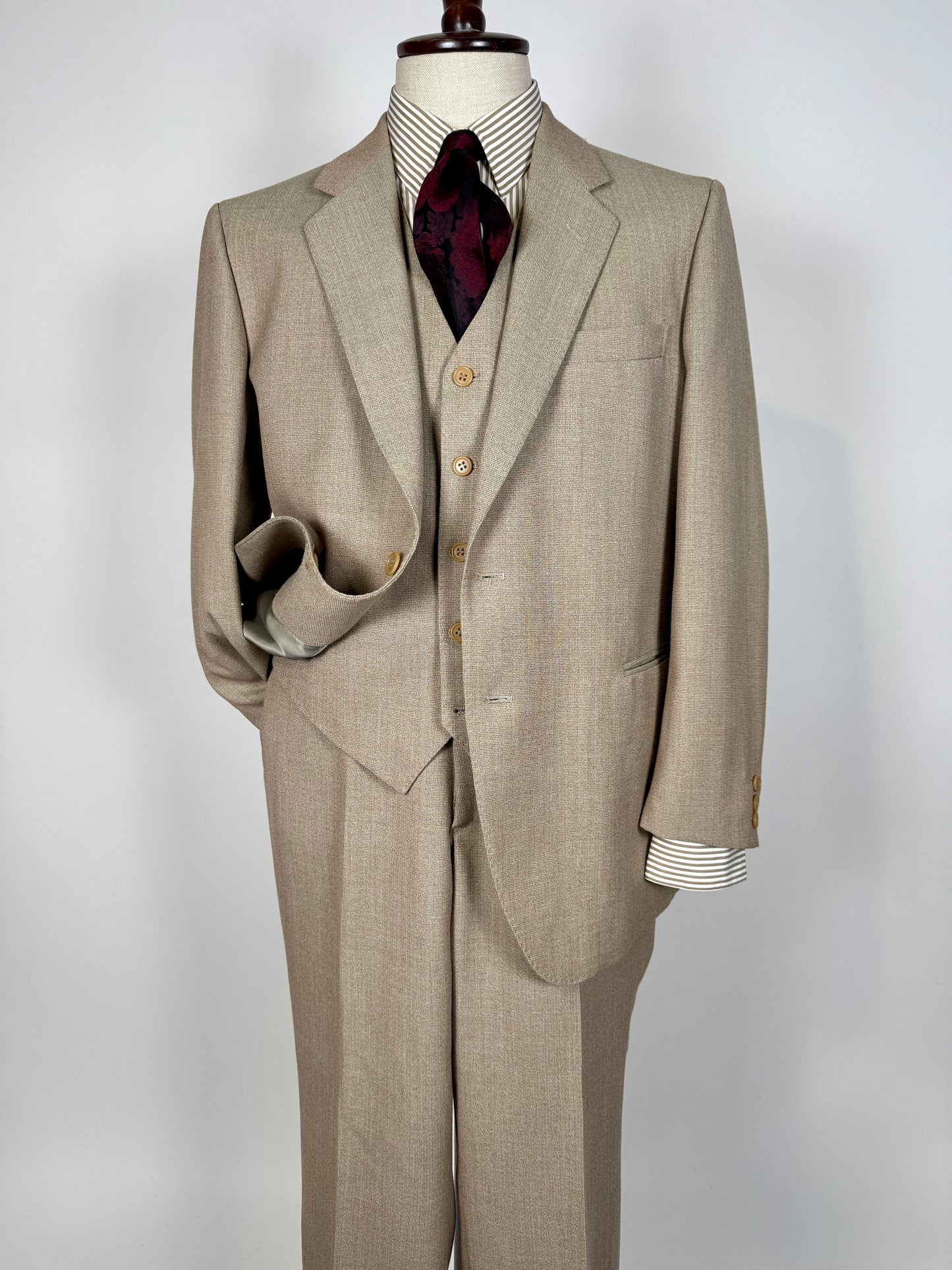 Completo 3 pezzi anni ‘70 hopsack beige - tg. 50/52 drop basso