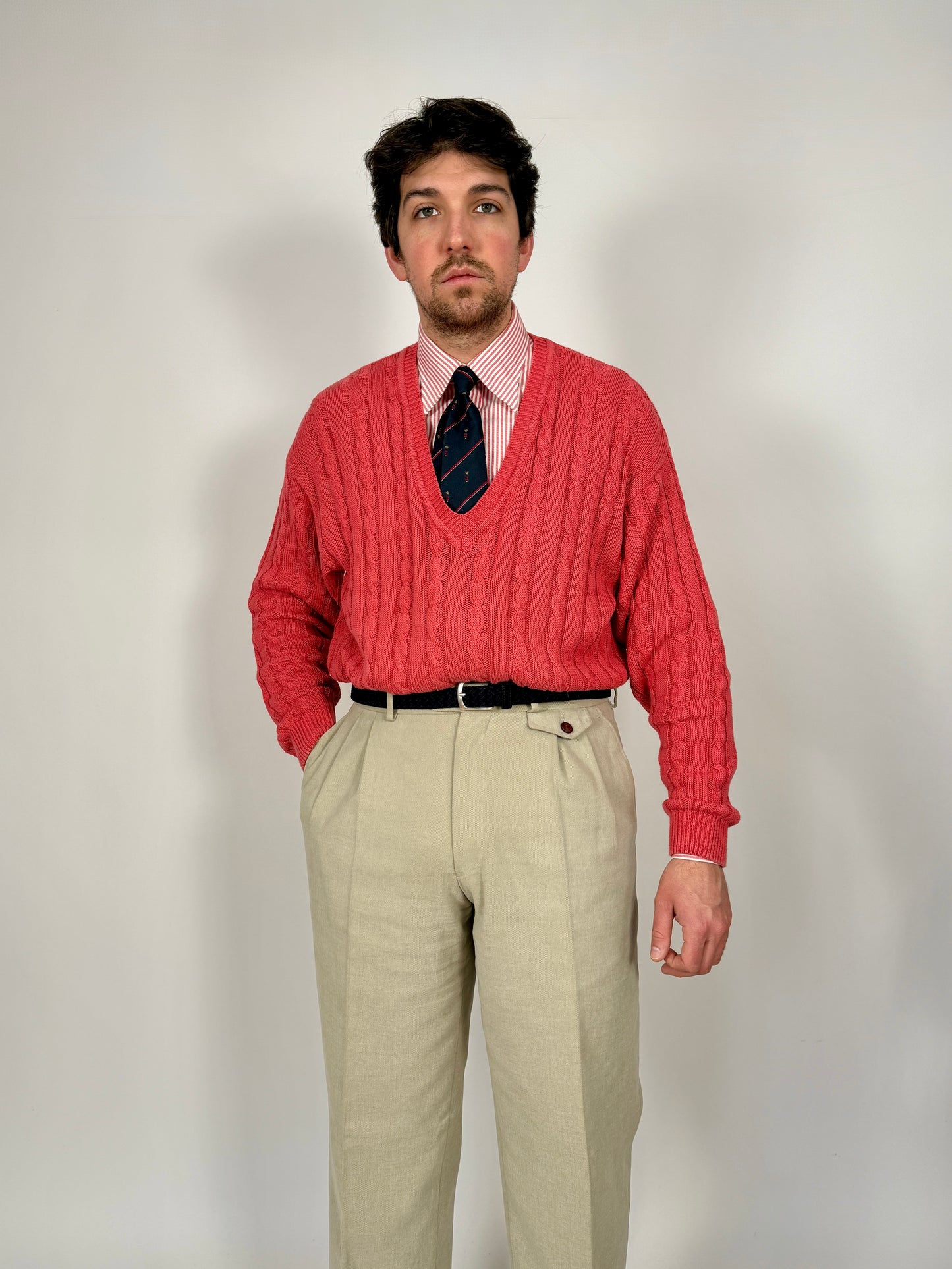 Pullover rosa corallo anni ‘80 100% cotone a trecce - tg. L/XL